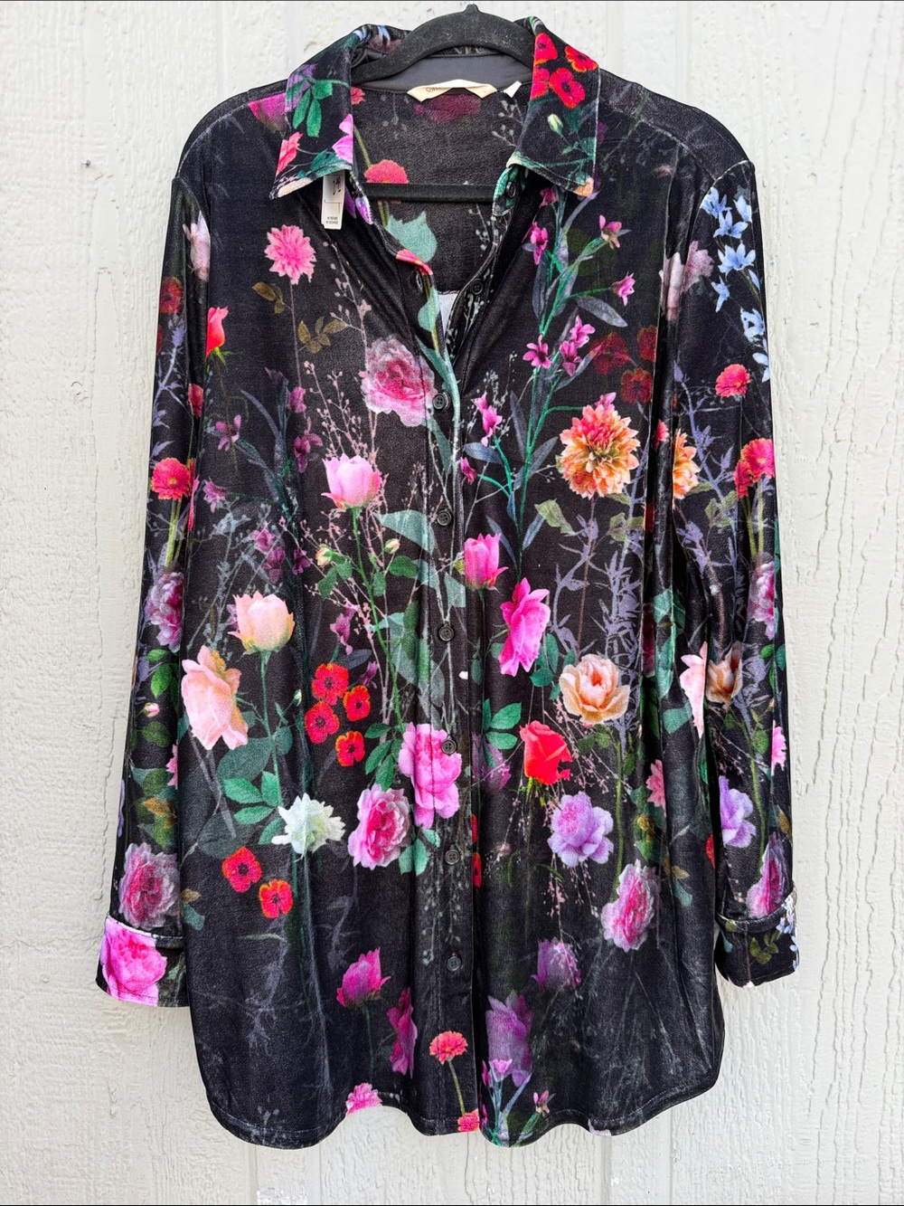 Soft Surroundings Floral Button-Front Velvet Shirt Size: L